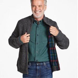 L.L.Bean Men’s Classic Gray Ragg Lambswool Sweater, Full-Zip Flannel-Lined Large